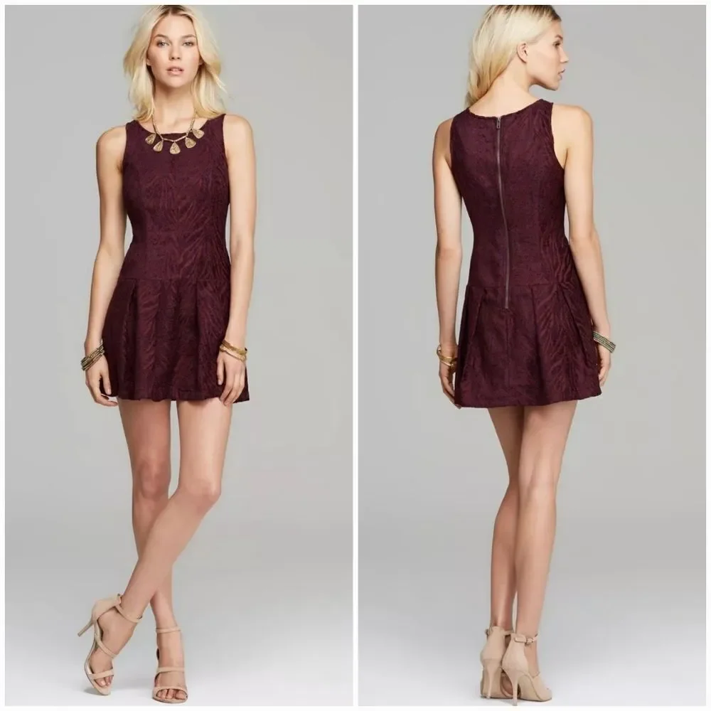 Free People Chenille Zebra Print Drop Waist Pleated Mini Dress in Mulberry 6